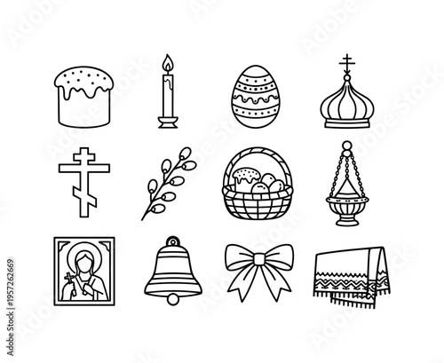 Orthodox Easter celebration. Line outline icon set of Orthodox Easter celebration: kulich bread, lit church