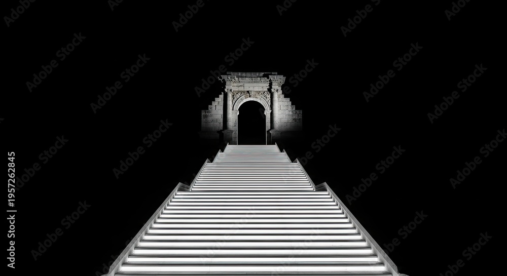 Fototapeta premium A dramatic staircase leads to an ancient stone archway in darkness
