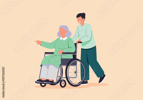 Young man assisting elderly woman in wheelchair, pointing direction