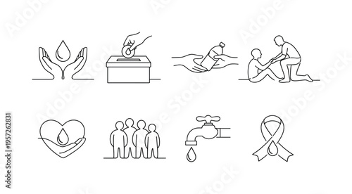 "Volunteer Water Charity Campaign". Minimalistic set one-line drawing hands holding water droplet, donation