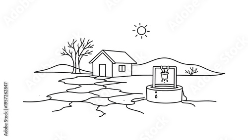 "Drought and Water Crisis". Minimalistic one-line drawing dry landscape, small house, and limited water source