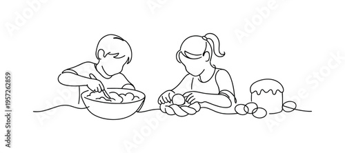 "Kids Baking Easter Bread Together". Minimalistic one-line drawing children mixing dough and shaping festive