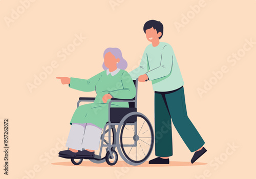Elderly woman in wheelchair with male caregiver, pointing finger