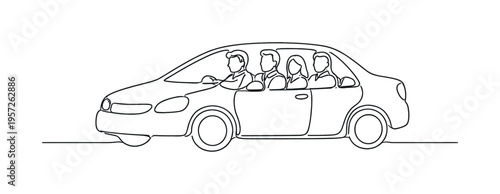 "Carpooling for Fuel Savings". Minimalistic one-line drawing group of people sharing one car to save fuel,