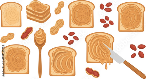 Peanut Butter Spread on Toast with Knife, Spoon, Peanuts, and Stacked Sandwiches Cartoon Vector Set
