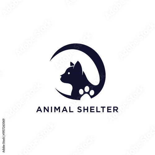 Minimalist animal shelter logo with dog profile and paw prints in a crescent shape