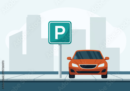 Orange Car Parked in City Next to Parking Sign - Urban Transport Illustration