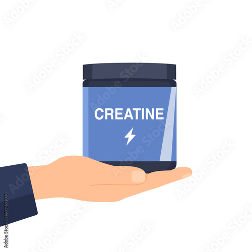 hand holding.creatine supplement jar. Fitness nutrition concept