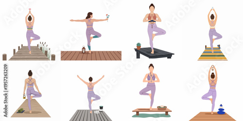 Set of Minimalist Flat Illustrations of Women Practicing Yoga Tree Poses on Various Wooden Piers and Docks for Wellness and Meditation.