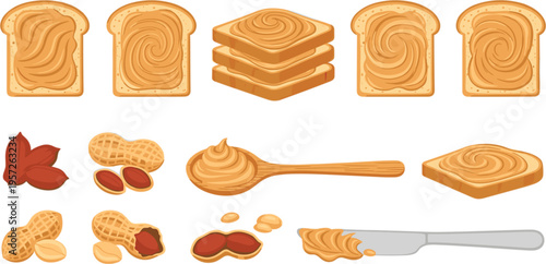 Peanut Butter Spread on Toast with Knife, Spoon, and Peanuts Cartoon Vector Set for Food Preparation and Sandwich Making