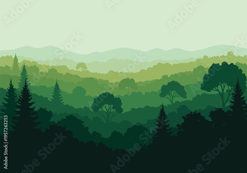 Schilderij op canvas Green forest and mountain landscape illustration with atmospheric layers