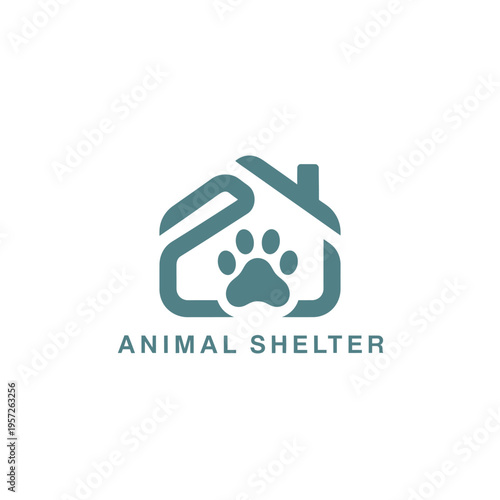 House-shaped animal shelter logo featuring a paw print inside