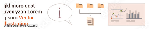 Data analysis, file management, documentation, communication, information sharing, business processes. Speech bubble with icon, folders connected to a document and analytics graph. Data analysis