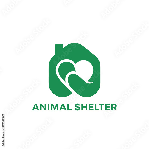 Abstract green animal shelter logo with a heart shape integrated into a house design