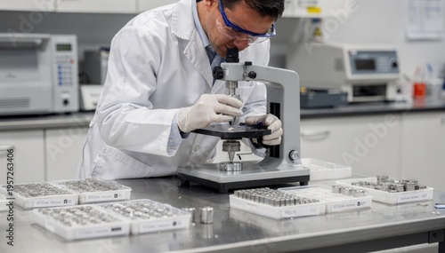 Scientist conducting hardness tests on refined nonferrous metal samples in a controlled QC lab setting ensuring material strength and durability standards.