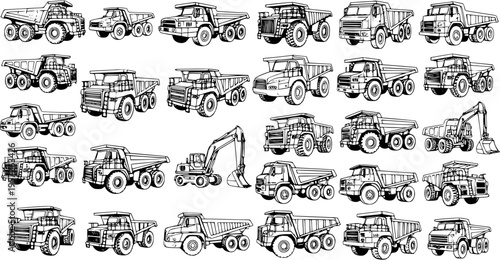 Detailed Line Art Collection of Heavy Construction Vehicles: Dump Trucks, Mining Trucks, and Excavators in Black and White Sketch Style for Industrial and Transportation Designs.
