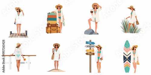 Collection of flat vector illustrations showcasing a woman in white resort wear enjoying various summer vacation activities, from traveling to surfing and relaxing.