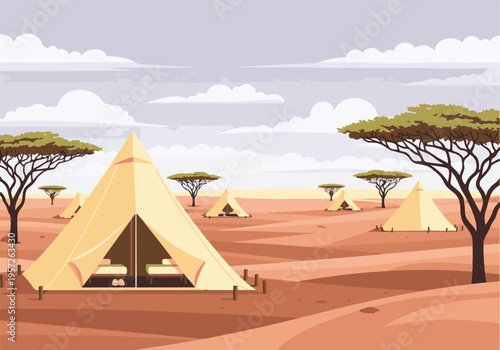 Luxury safari tents in an African savanna landscape illustration