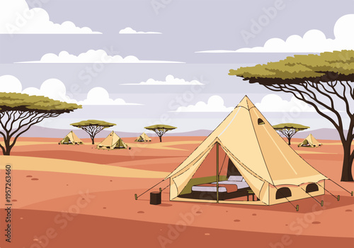 African savanna glamping camp with luxury tents and acacia trees