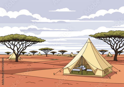 African Safari Camp Landscape with Tents and Acacia Trees Under Cloudy Sky