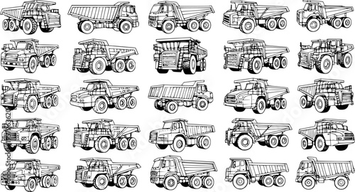 Detailed Line Art Vector Illustrations of Various Dump Trucks. Collection of Heavy Construction and Mining Vehicles in Monochrome Blueprint Style.