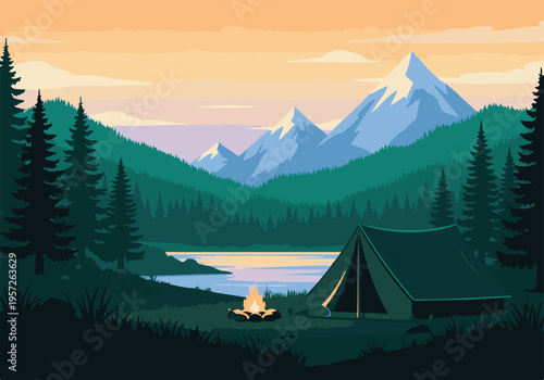 Mountain camping landscape with tent, campfire, lake, and forest at twilight