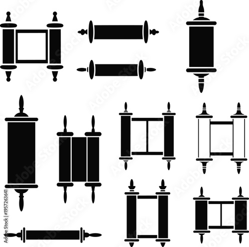 Torah scroll silhouettes set, jewish religious parchment collection, black vector sacred scrolls isolated, hebrew tradition symbols for cultural design