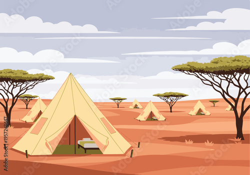 African Safari Glamping Camp with Tents and Acacia Trees in Savanna Landscape