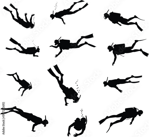 Scuba diver silhouettes set, underwater diving collection, black vector divers isolated, marine adventure elements for ocean sport design illustration
