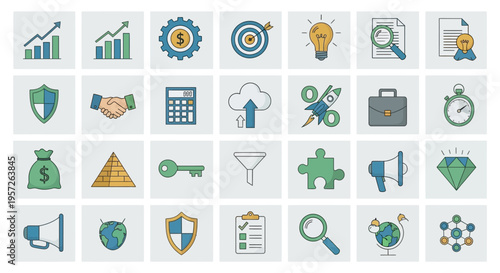 Business and Finance Icons Set: Growth, Strategy, Success, Teamwork, and Technology