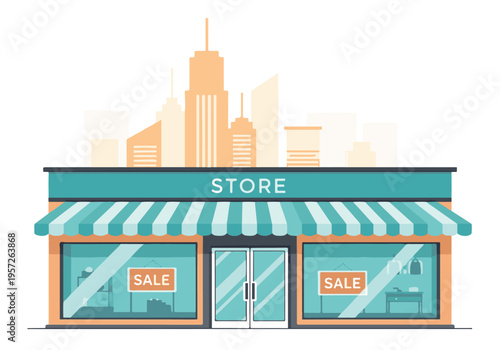 Modern flat design store building with sale signs and city skyline background