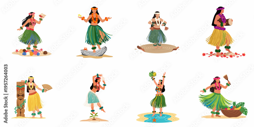Fototapeta premium Set of eight female hula dancers in traditional Hawaiian attire performing various dances with cultural accessories and instruments, flat vector illustration.