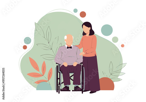 Elderly man in wheelchair receiving care and support from woman