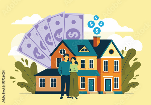 Couple with new house and money, representing home ownership and investment