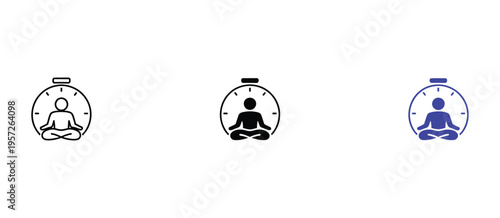 Meditation and mindfulness timer icon set, yoga person in lotus pose with stopwatch circle, relaxation, mental health, wellness apps, stress management vector illustrations.