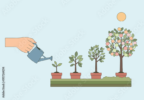 Growth stages of a plant: from seedling to fruit tree with watering hand
