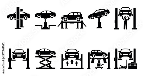 A set of clean black icons on a white background depicts various car lifts and repair equipment, ideal for automotive services and mechanics.