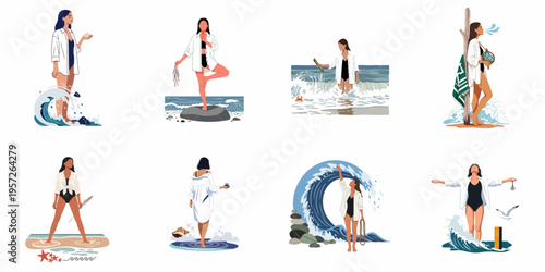Set of flat vector illustrations featuring a woman in a swimsuit and white shirt enjoying mindful moments and activities at the beach.