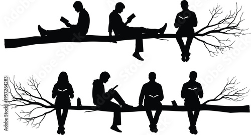 Reading silhouettes on branches, people studying outdoors, education concept art, literature lovers illustration, peaceful solitude, knowledge growth, contemplative learning design