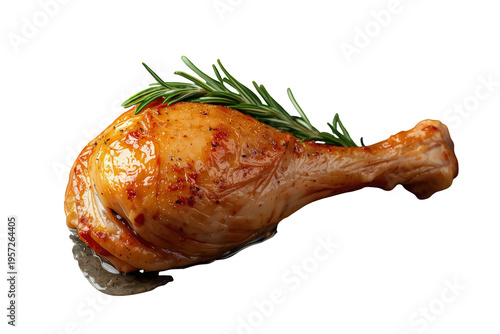 Crispy baked chicken leg with rosemary herb on transparent background, a delicious poultry meal