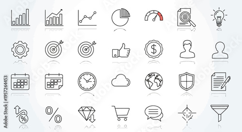 Business Icons Set: Finance, Analytics, Strategy, Marketing, Time, and Growth Concepts