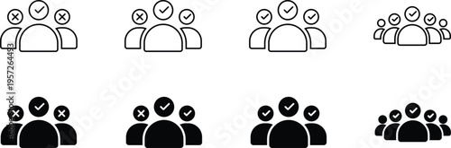 Team selection and approval icons set with check mark and cross symbols, user group validation concept, minimal line and solid style vector illustration