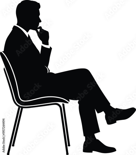 Seated person silhouette, thoughtful pose, modern chair, business attire, contemplation icon, professional figure, black and white illustration