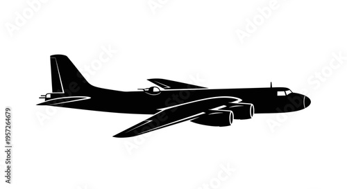 Black silhouette of a vintage four-engine bomber airplane on a white background