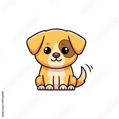 Cute cartoon puppy with one eye patch sitting on white background