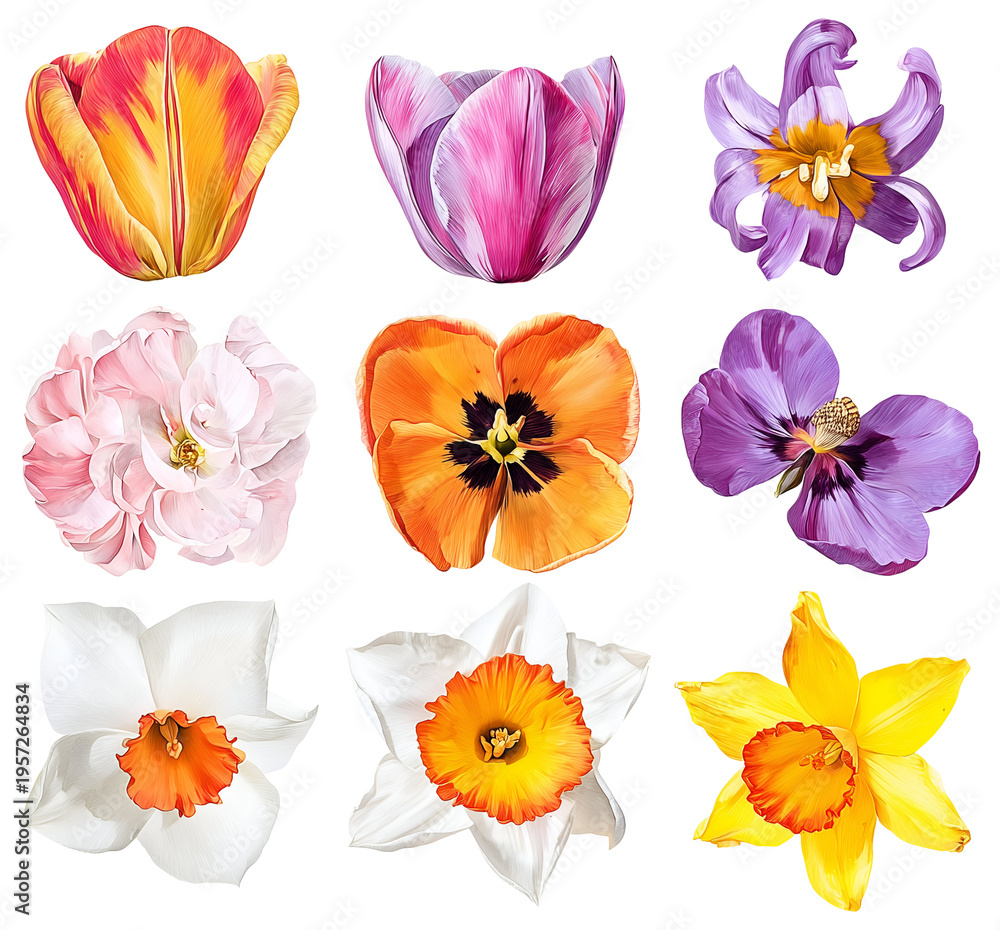Fototapeta premium Hand painted watercolor floral clipart set spring blooms isolated on transparent PNG