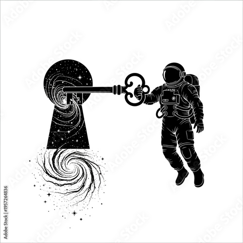 Astronaut Unlocking Cosmic Portal with Ornate Key Illustration.