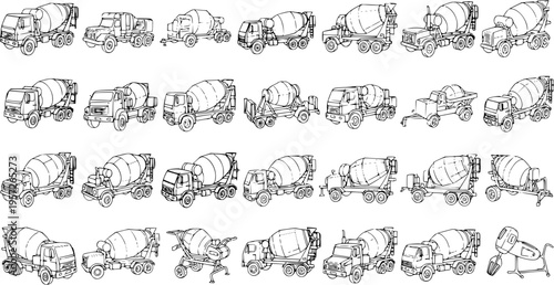 Detailed Line Art Set of Cement Mixer Trucks and Concrete Construction Vehicles, Various Angles and Types, Black and White Outline Drawings Collection