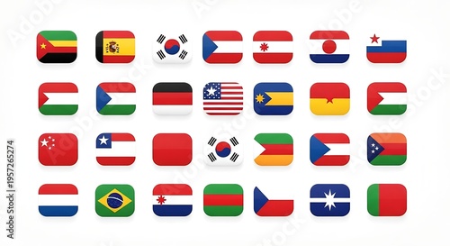 An extensive assortment of colorful rounded square flags representing many different nations is neatly organized on a white background. Free Download An extensive assortment of colorful rounded square flags representing many different nations is neatly organized on a white background. - GFXLoad