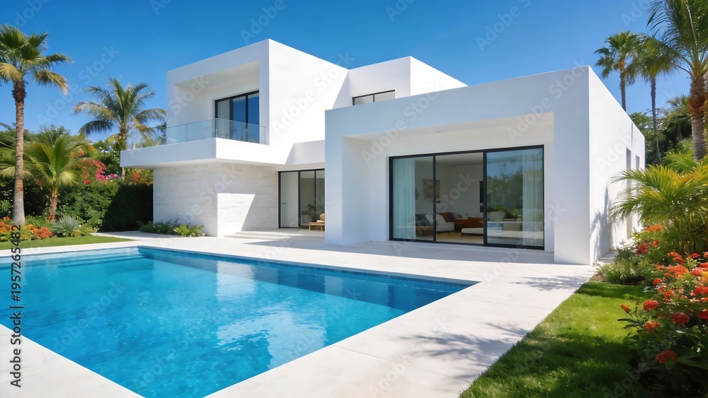 Fototapeta premium Modern white house with pool and garden